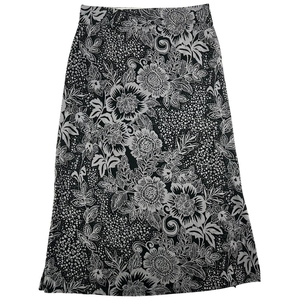 Belle by Kim Gravel Allover Floral Pull-On Maxi Skirt Black Side Slits - Large